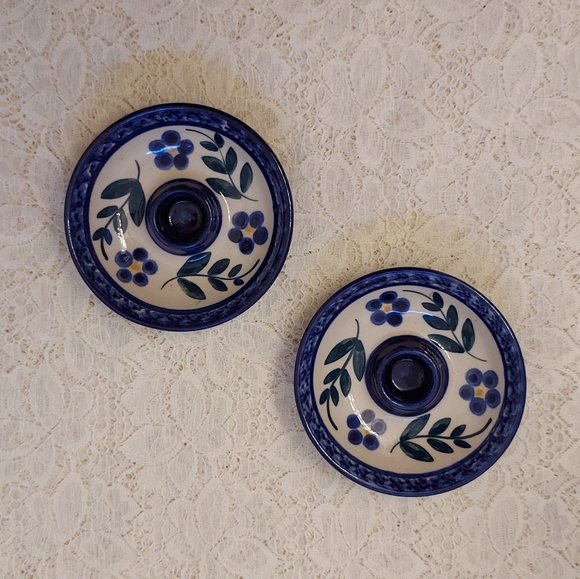 Pair of German Candle Holders Blue and White Floral